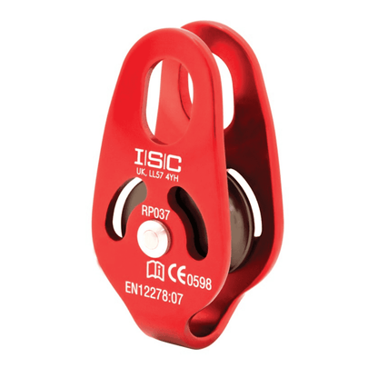 ISC Micro Pulley red device with white logo and measurements