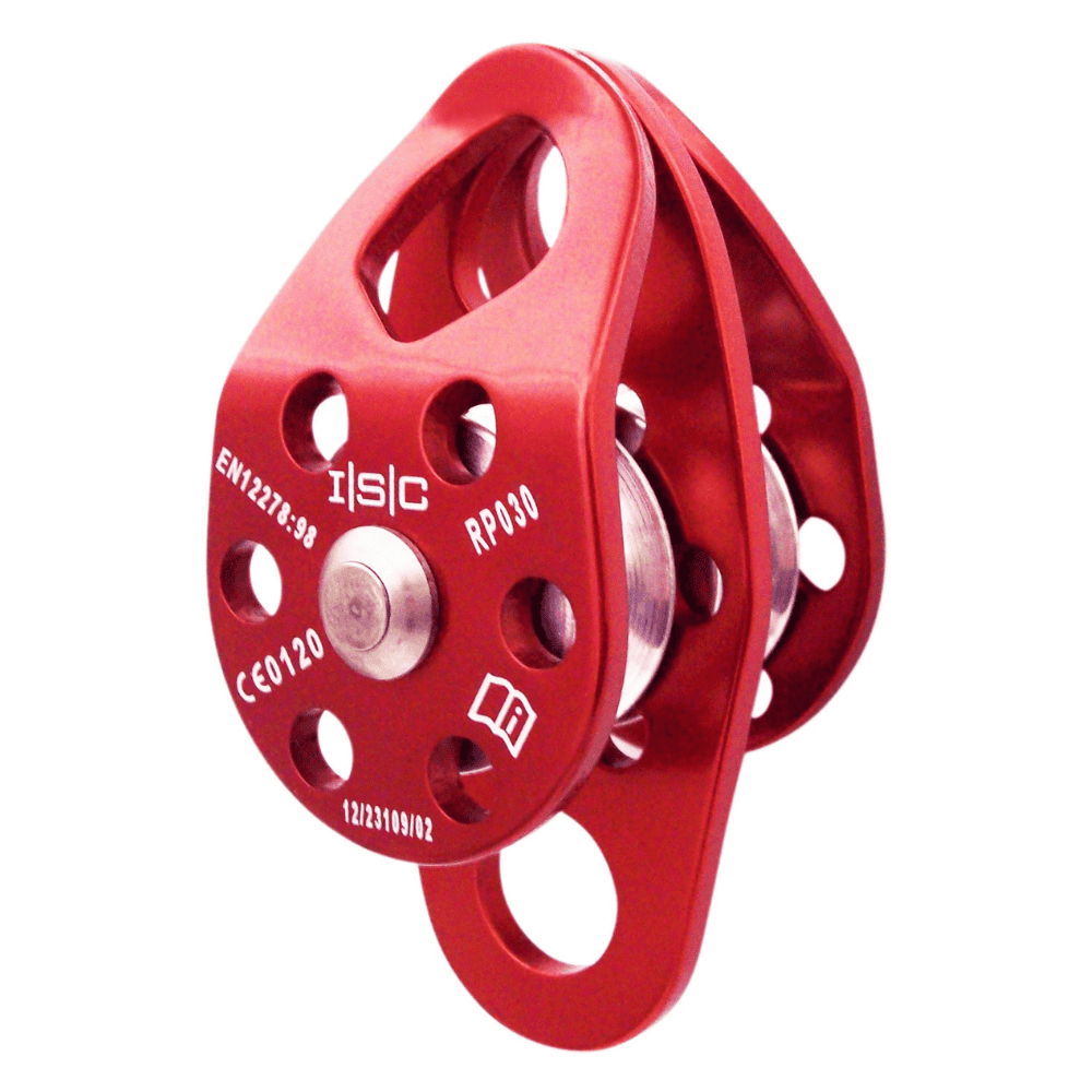 Front view of the ISC Small Double Eiger Pulley red in colour with white measurements