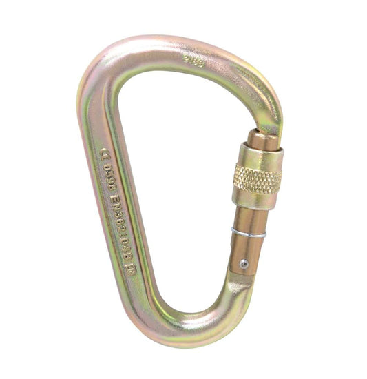 A metal carabine with a locking mechanism.
