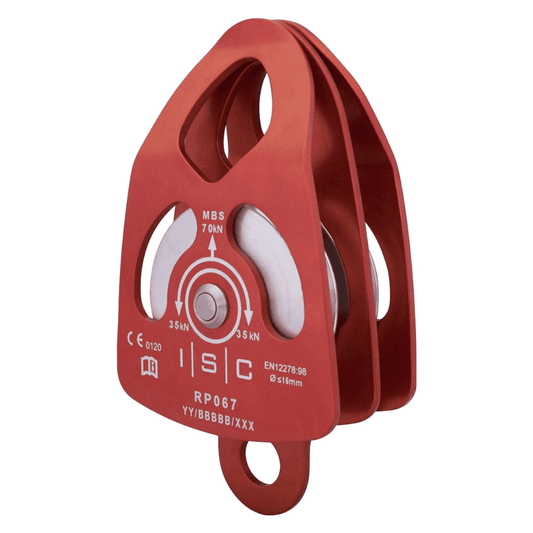 Red ISC Large Double Pulley Aluminium for rope 16mm wide