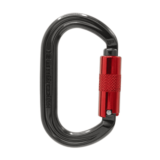 Dark grey carabiner with red supersafe gate front view