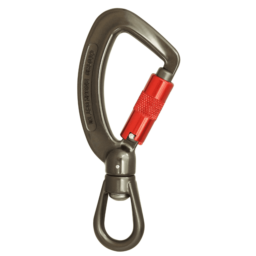 Dark grey carabiner with red gate and swivel eye