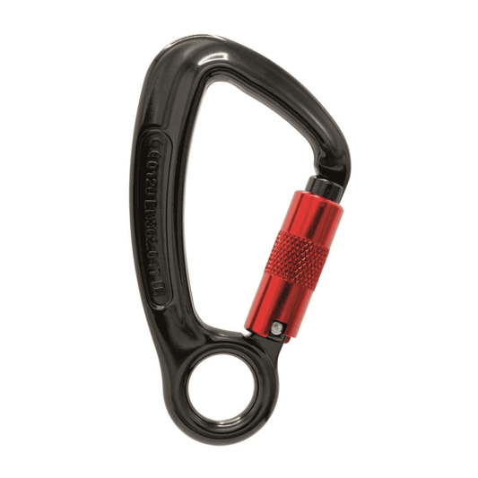Dark grey carabiner with red gate closing and eye loop at bottom