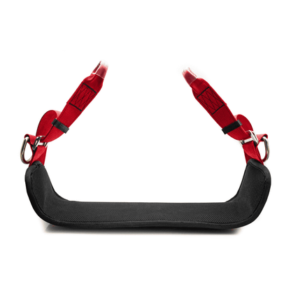 Black padded seat with red strapping and dee rings