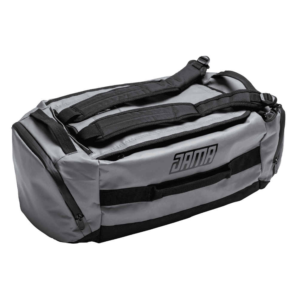 JAMA Duffel Bag in closed position grey bag with black accents