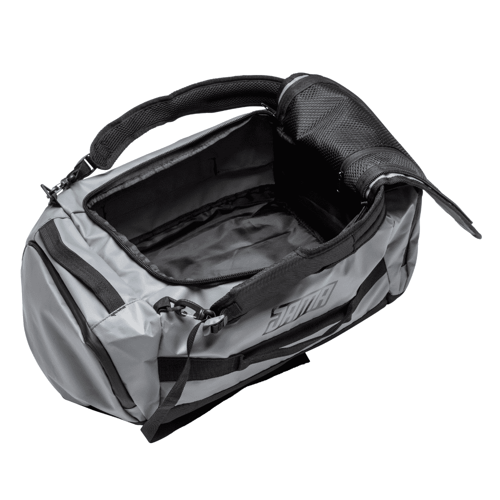 JAMA Duffel Bag in open position grey bag with black accents