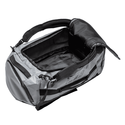 JAMA Duffel Bag in open position grey bag with black accents