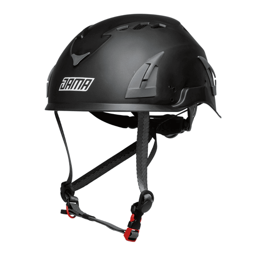 Front view of the JAMA helmet in black showing the JAMA logo and adjustable under chin strao