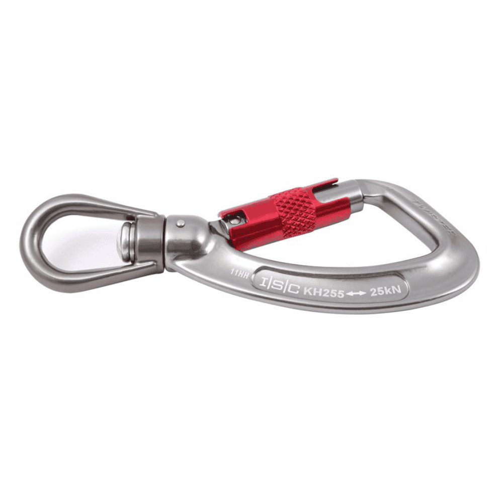 Side view of dark grey carabiner with red gate and swivel eye