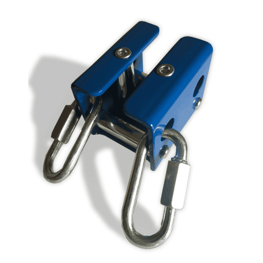 Blue clamp device with silver oval hooks on both sides