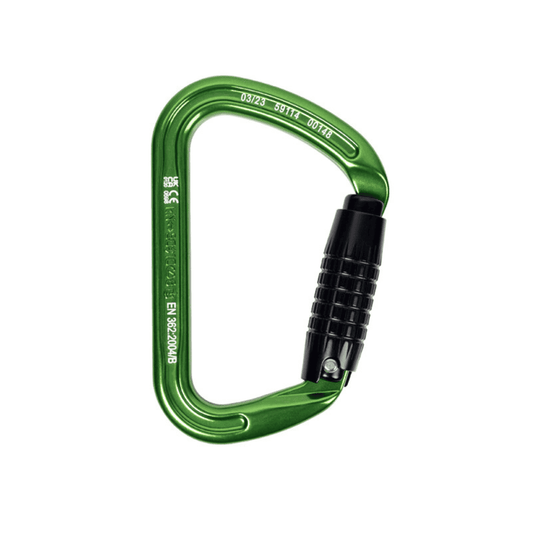 Notch Aluminium Carabiner green in colour with a black gate in the shape of a D
