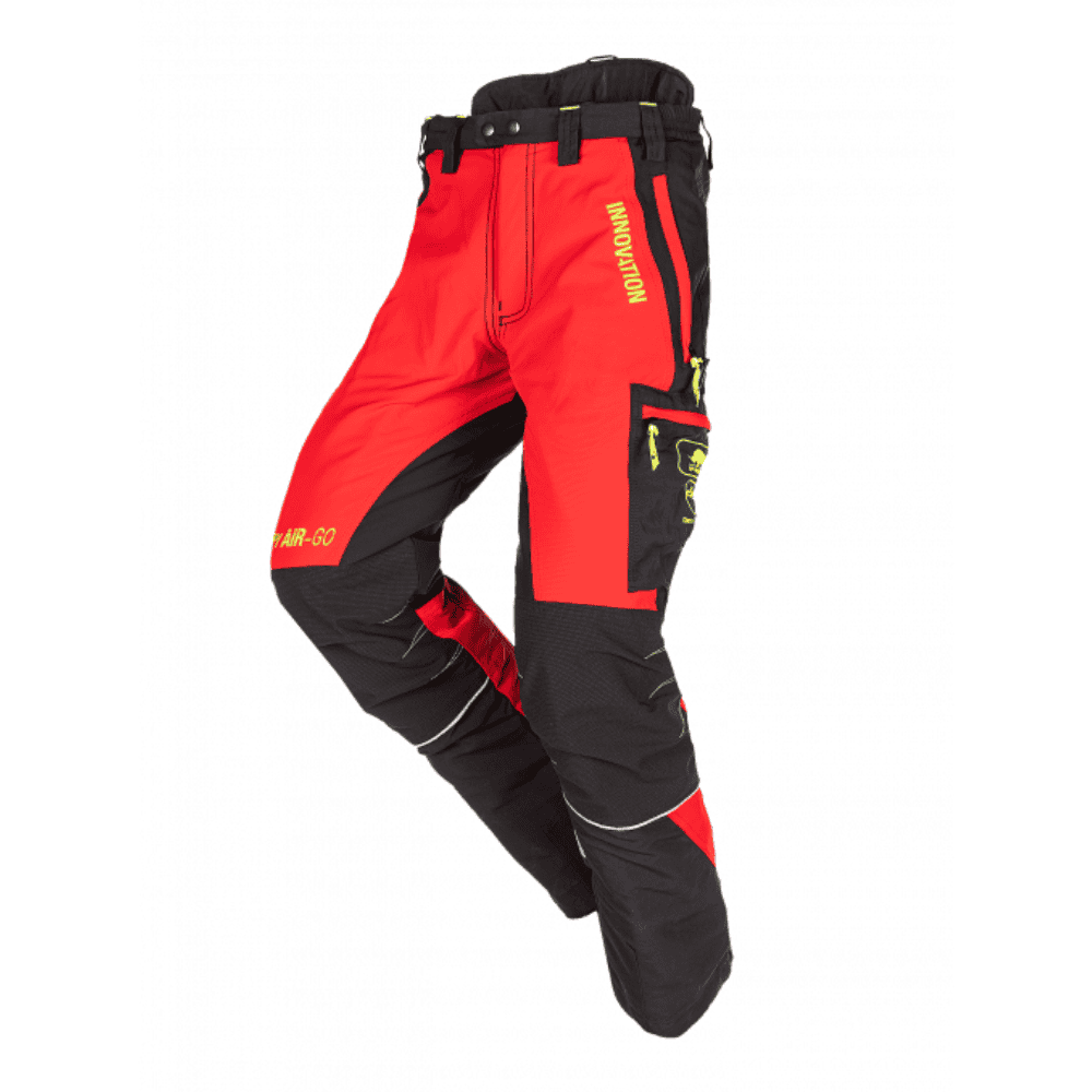 Red and black chainsaw protection pants by SIP Protection