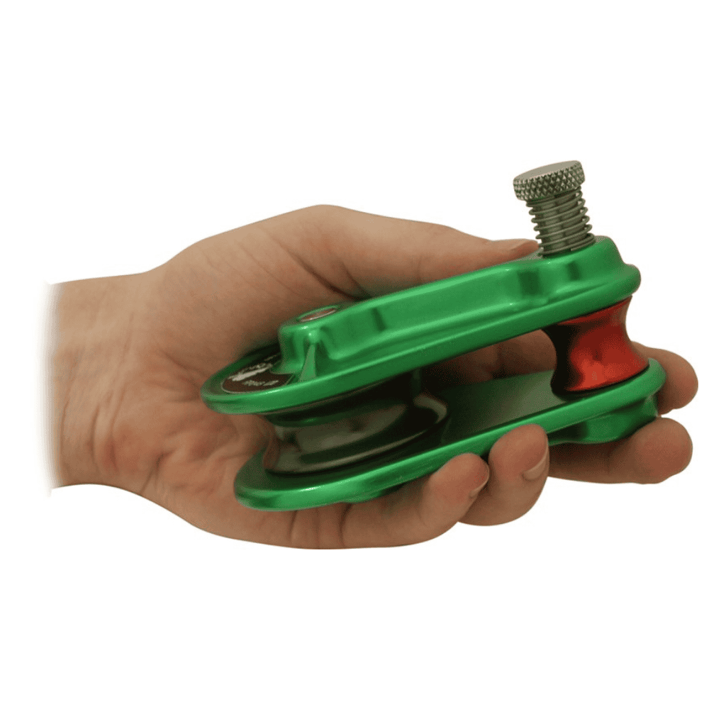 ISC Compact Rigging Pulley 13mm green in colour with grey pins side view showing internal workings of the device