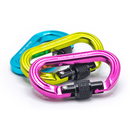 At Height K01 Accessory Carabiner Screwgate all colours pink, green and blue piled on top of each other with black gate closure