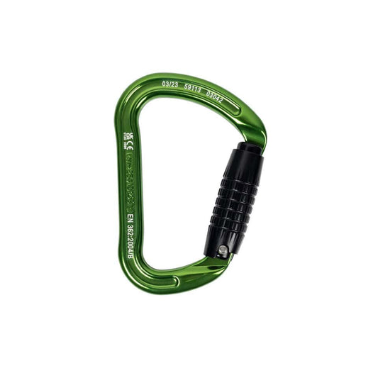 A green aluminium carabiner.
